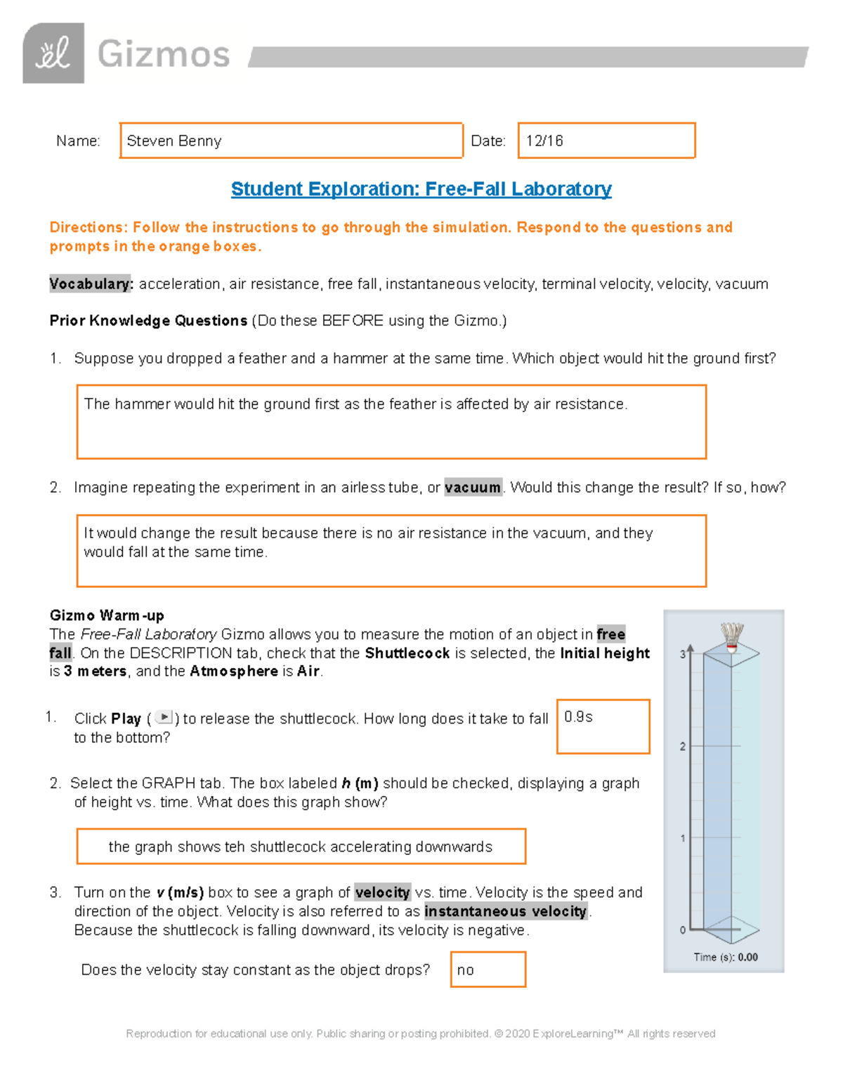 Copy of Free Fall SE - this is a worksheet - Name: Steven Benny Date ...