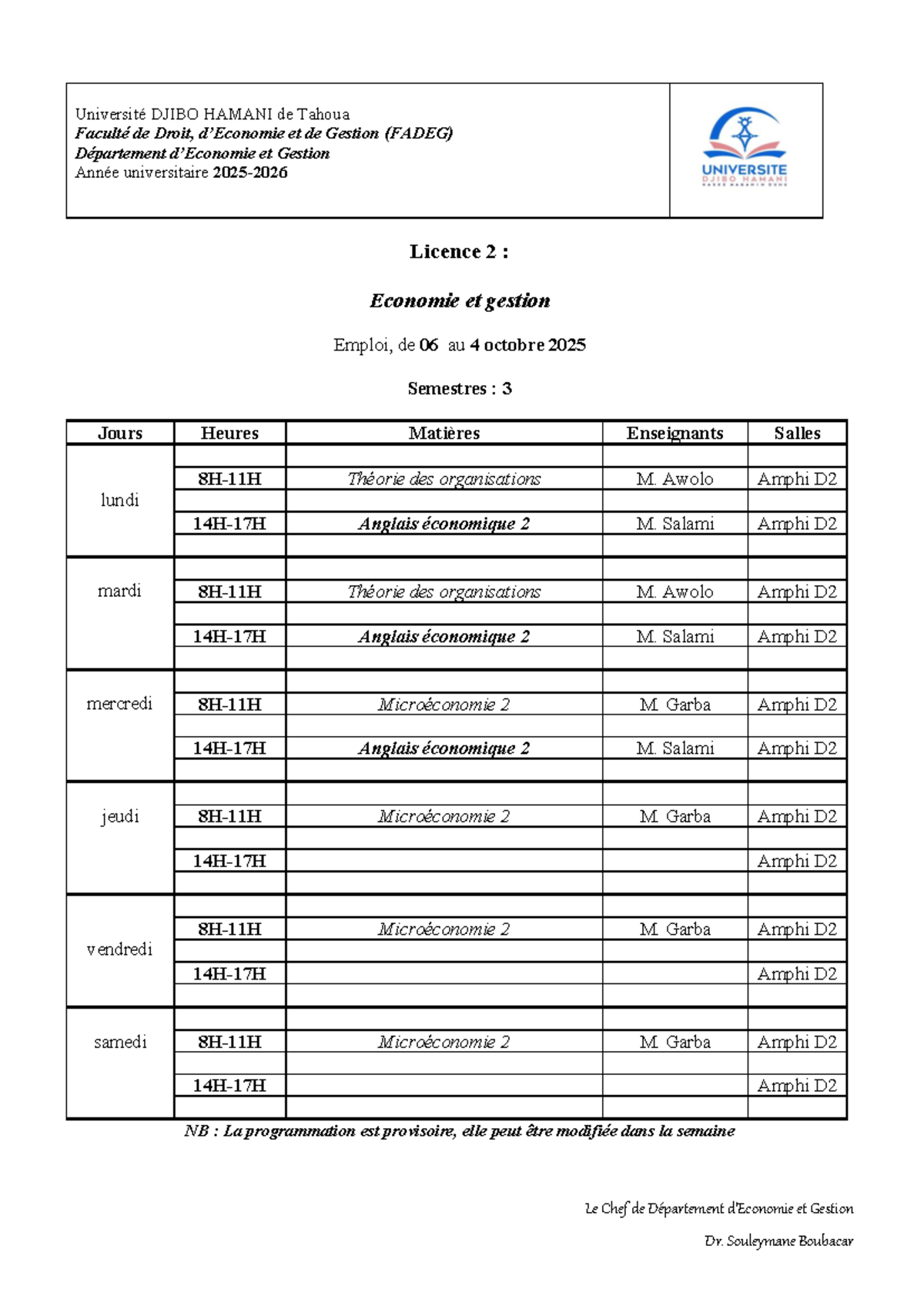 L2 S3 2025: Emploi du Temps - Théorie des Organisations et ...