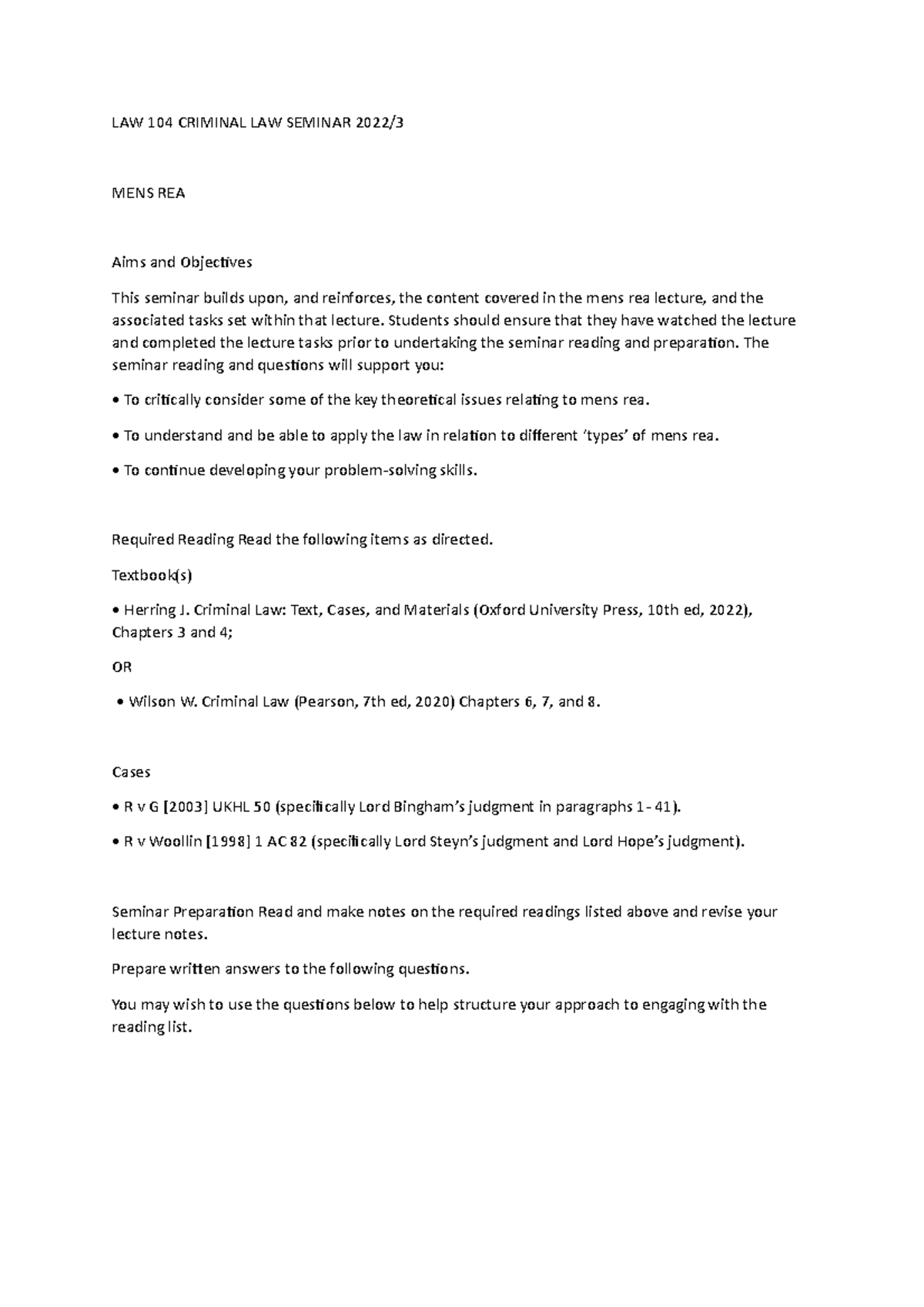 LAW 104 Mens Rea Seminar Notes and Key Issues Discussion 2022 - Studocu