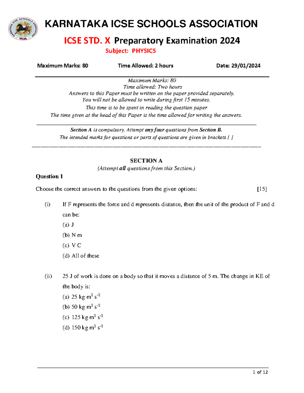 KISA ICSE Std. X Physics Preparatory Exam 2024 Question Paper - Studocu