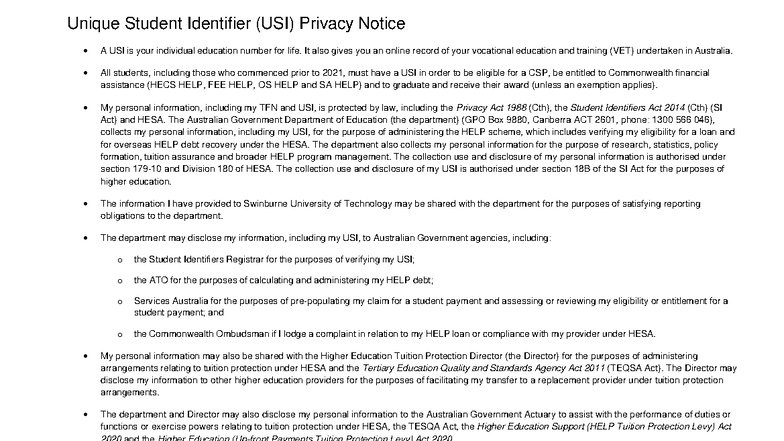 USI Privacy Notice and Student Declaration - Swinburne University - Studocu