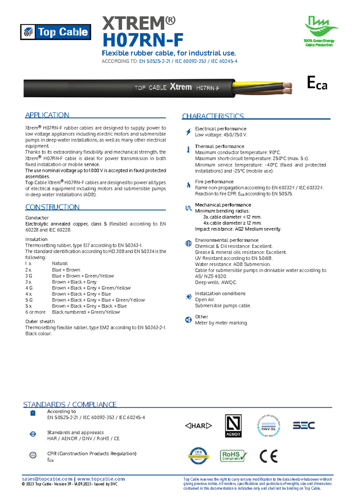 Top Cable Datasheet: H07RN-F Flexible Rubber Cable for Industrial Use ...