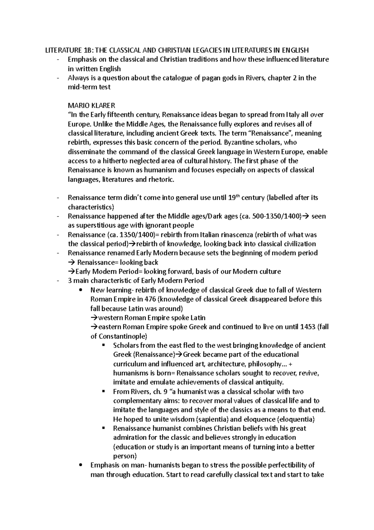 Literature 1B Lecture Notes: Week 1 - Classical and Christian ...