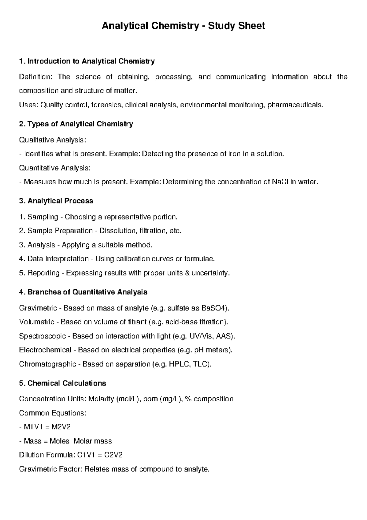 Analytical Chemistry 1 Study Sheet: Key Concepts & Processes - Studocu