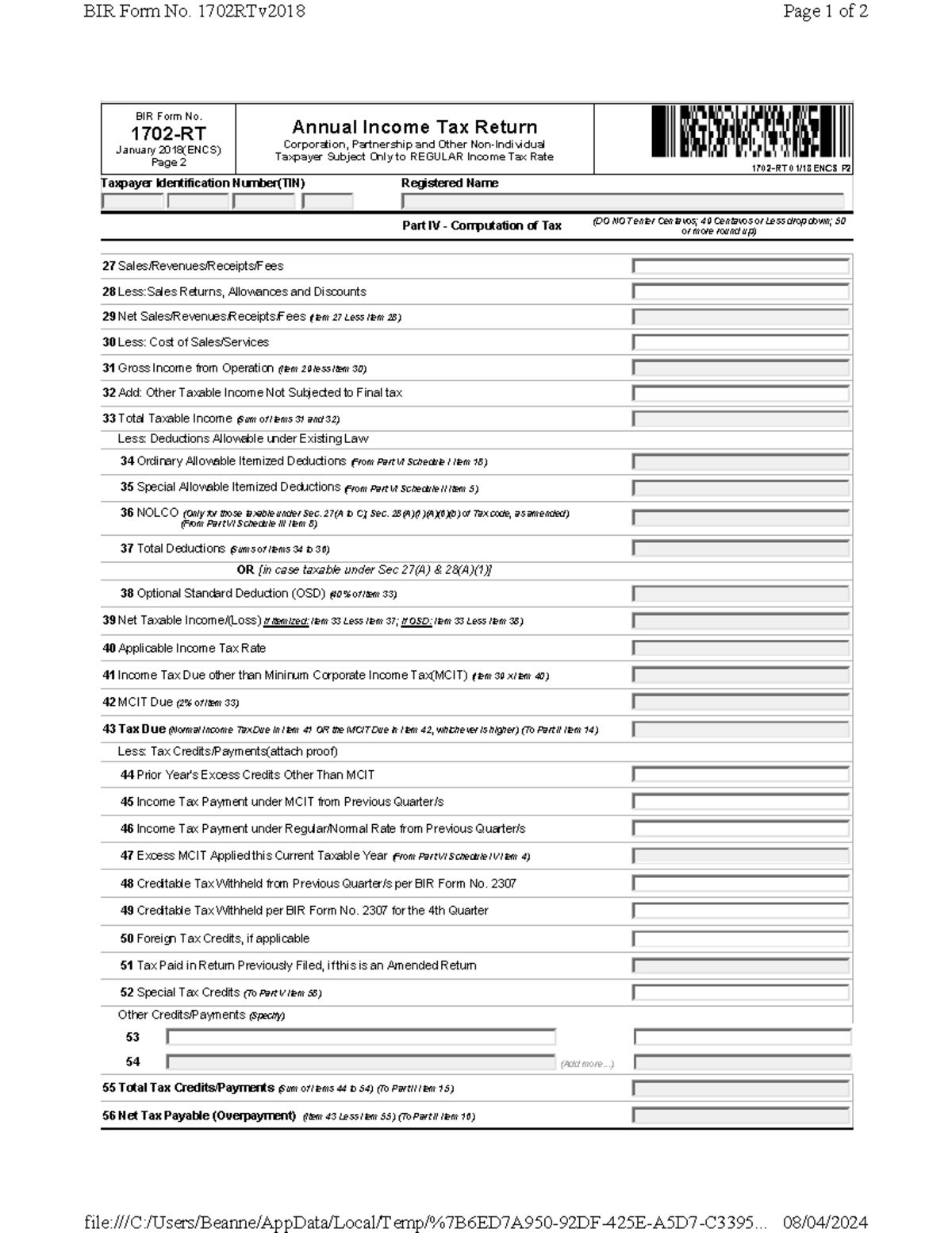 BIR Form No. 1702RTv2018: Annual Income Tax Return Guide - Studocu