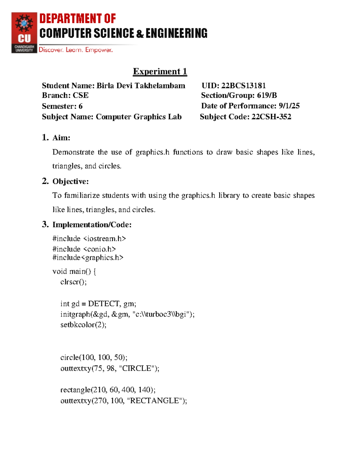 CG Lab EX-1: Basic Shapes Drawing in Computer Graphics (22CSH-352 ...