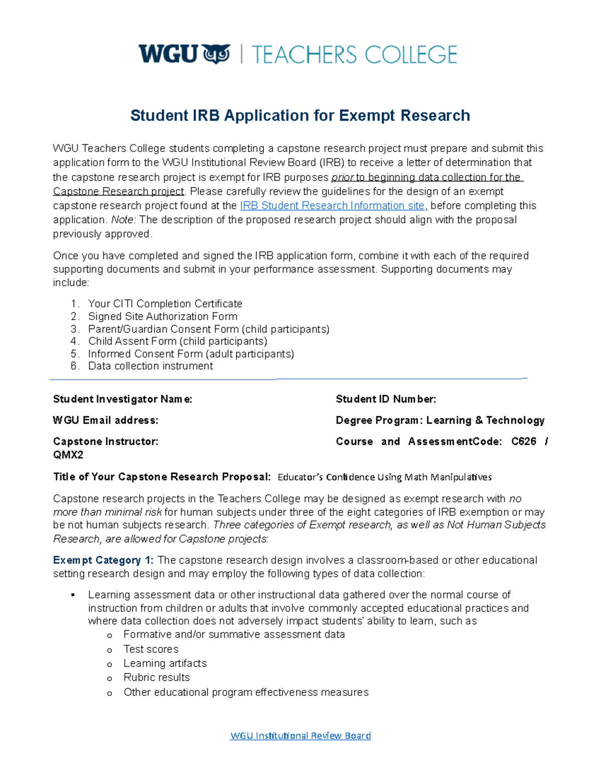 TC Student IRB Application for Exempt Research (Task 2) - Student IRB ...