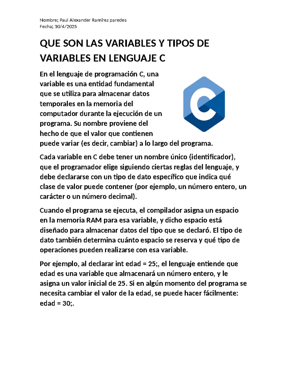 QUE SON LAS VARIABLES Y TIPOS DE VARIABLES EN LENGUAJE C - 101 - Studocu