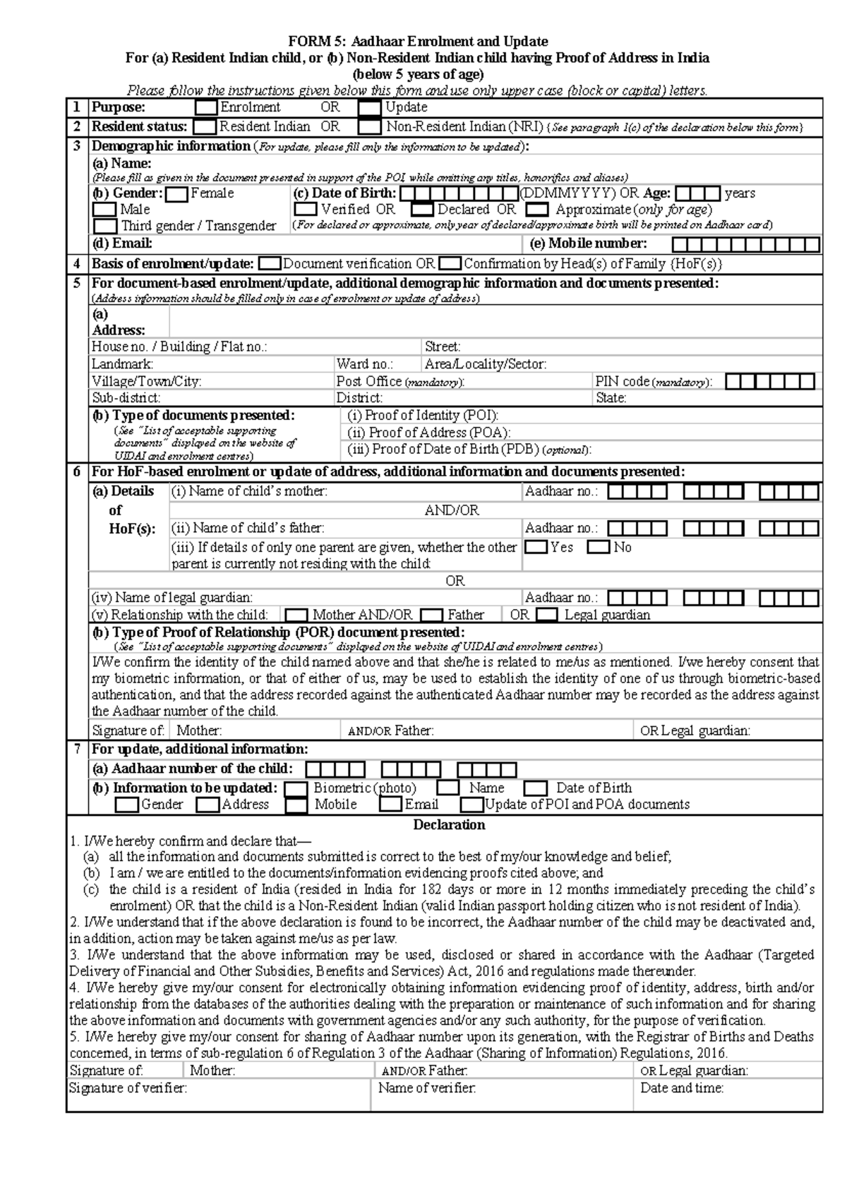 FORM 5: Aadhaar Enrolment & Update for Indian Children Under 5 - Studocu