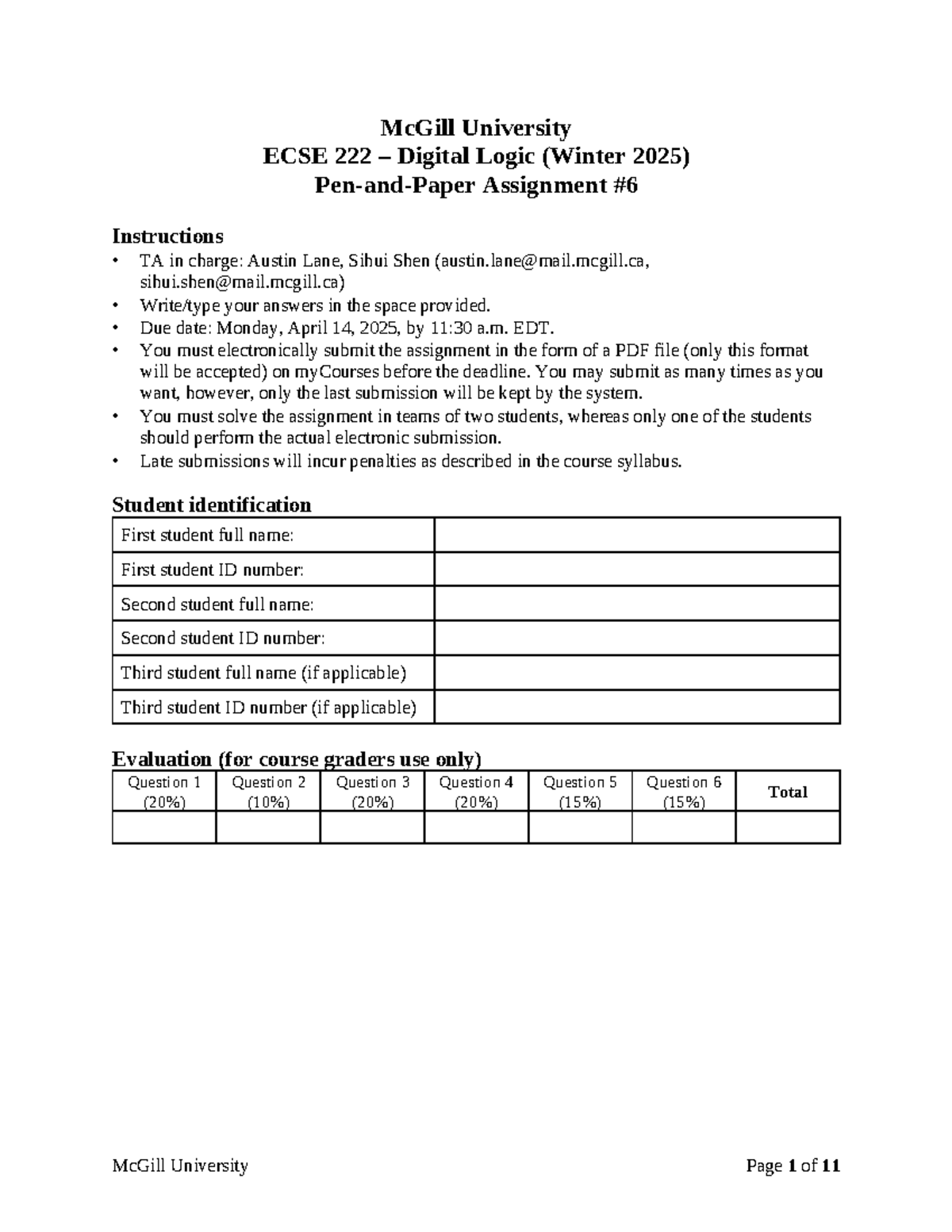 ECSE 222 - Digital Logic Winter 2025 - PP6 Solutions Guide - Studocu