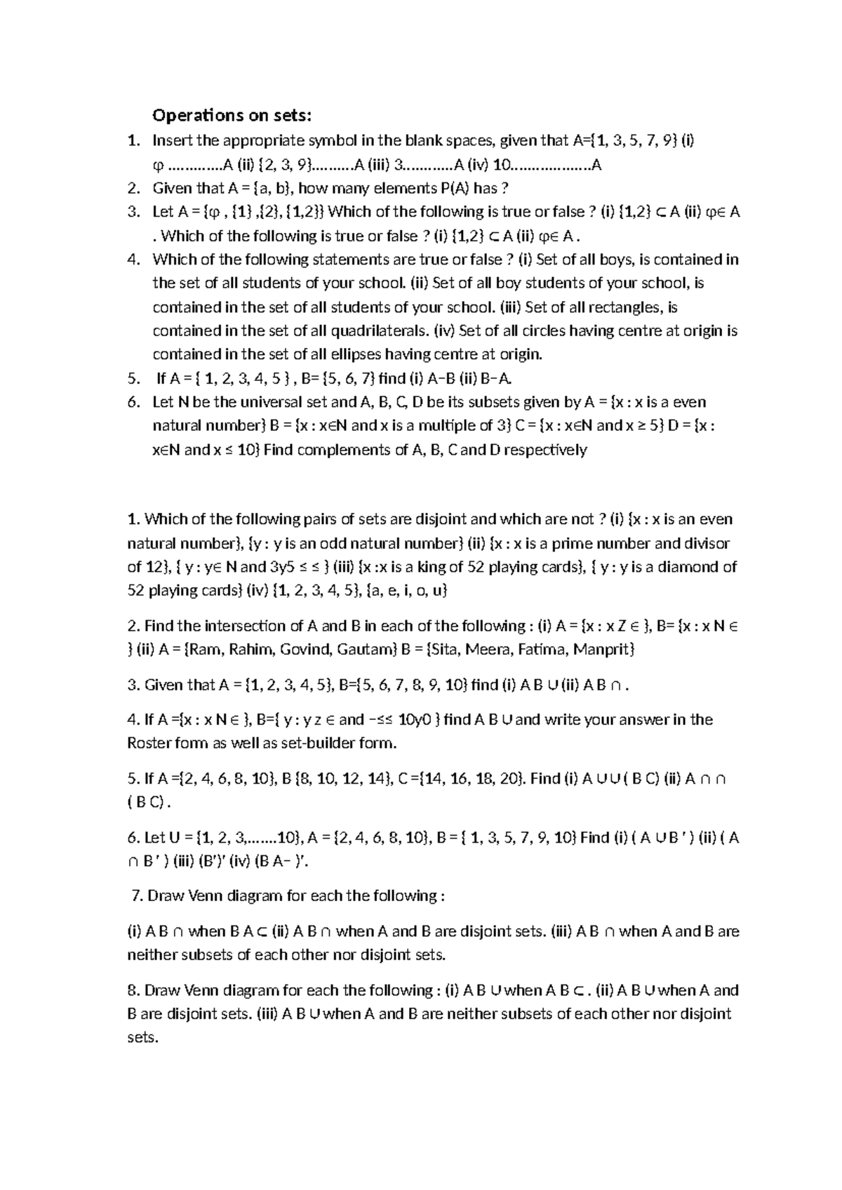 Operations on Sets: Exercises and Venn Diagrams (HIUB) - Studocu