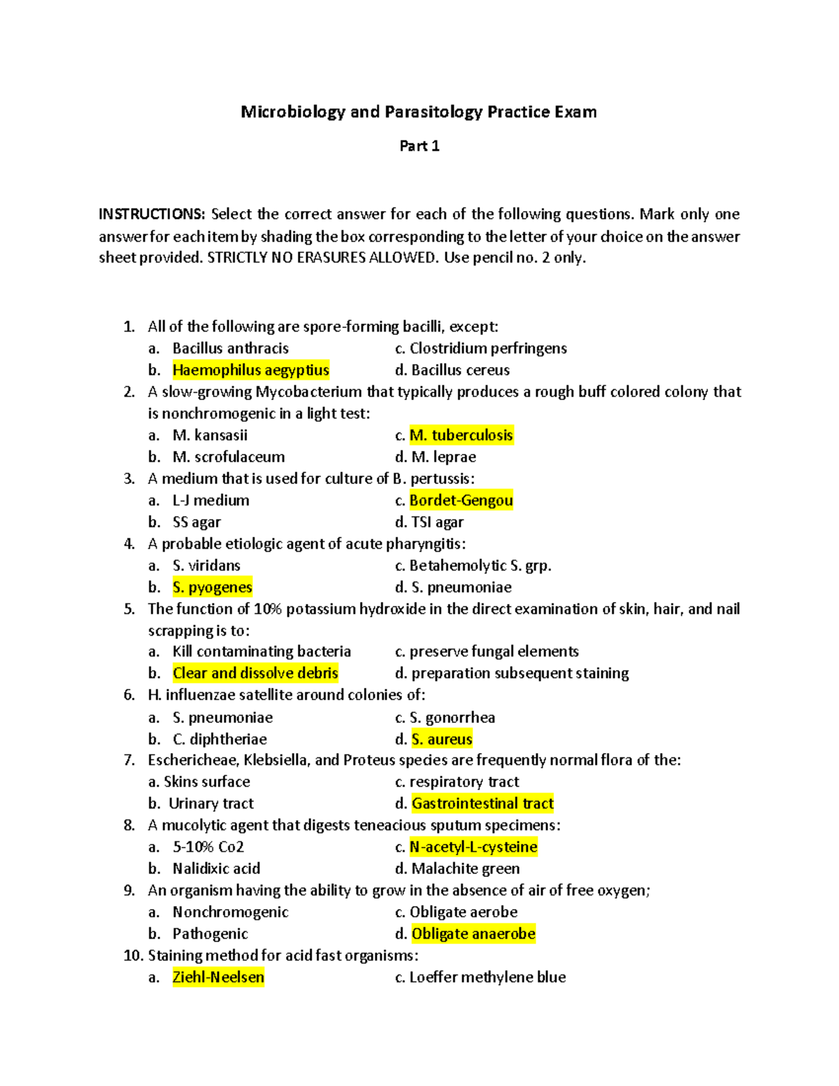 Microbiology and Parasitology Practice Exam - Document Preview
