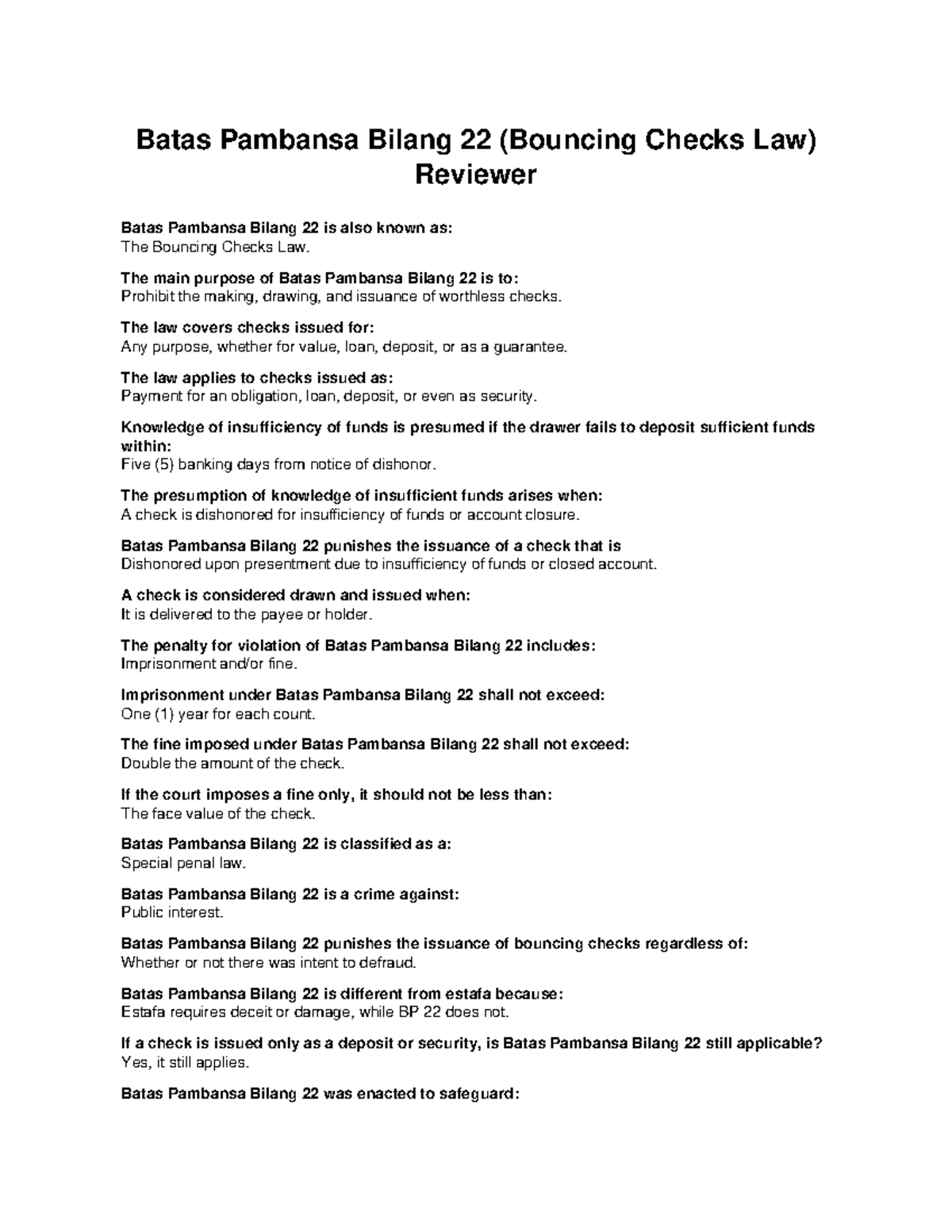 BP22 Reviewer: Understanding the Bouncing Checks Law - Studocu