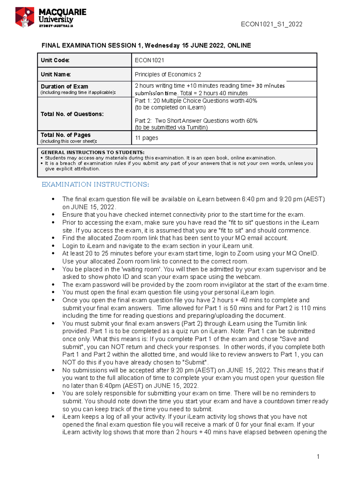 Final Exam ECON1021 S1 2022 - Principles of Economics 2 Overview - Studocu