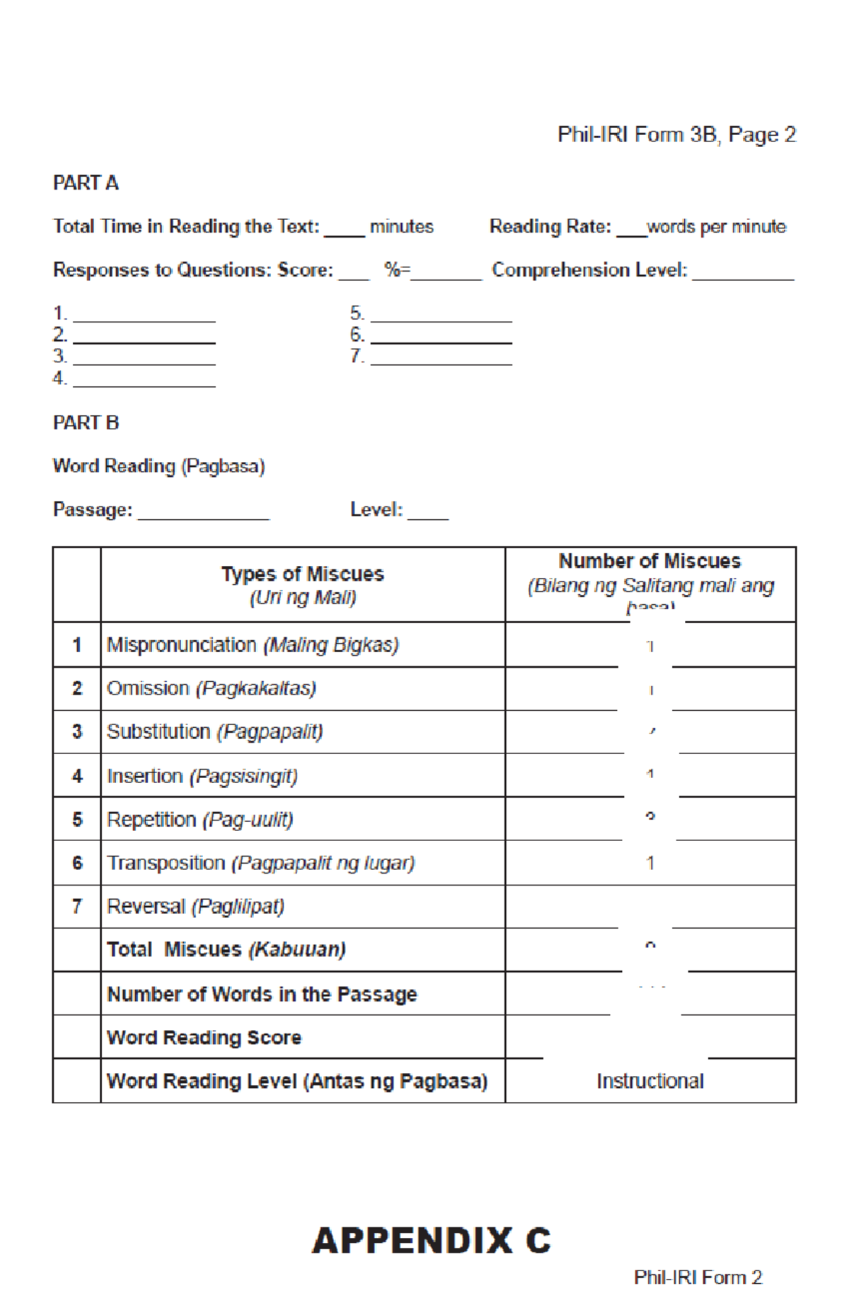 PHIL IRI FORM 3 & 2 - Reading Comprehension & Word Analysis Results ...