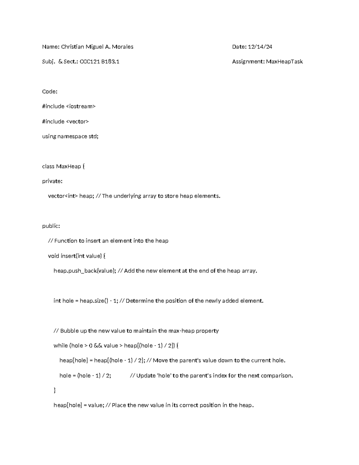 CCC121 B183 Final Exam Coding Example: MaxHeap Implementation - Studocu