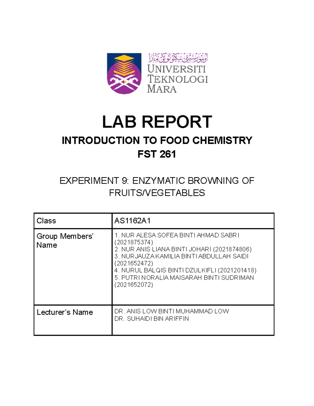 FST 261 Lab Report 9: Enzymatic Browning of Fruits & Vegetables - Studocu