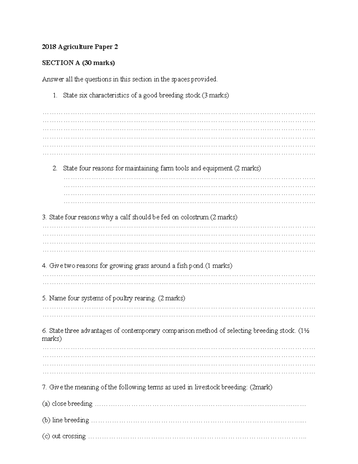 2018 Agriculture Paper 2 Key Questions And Answers Studocu