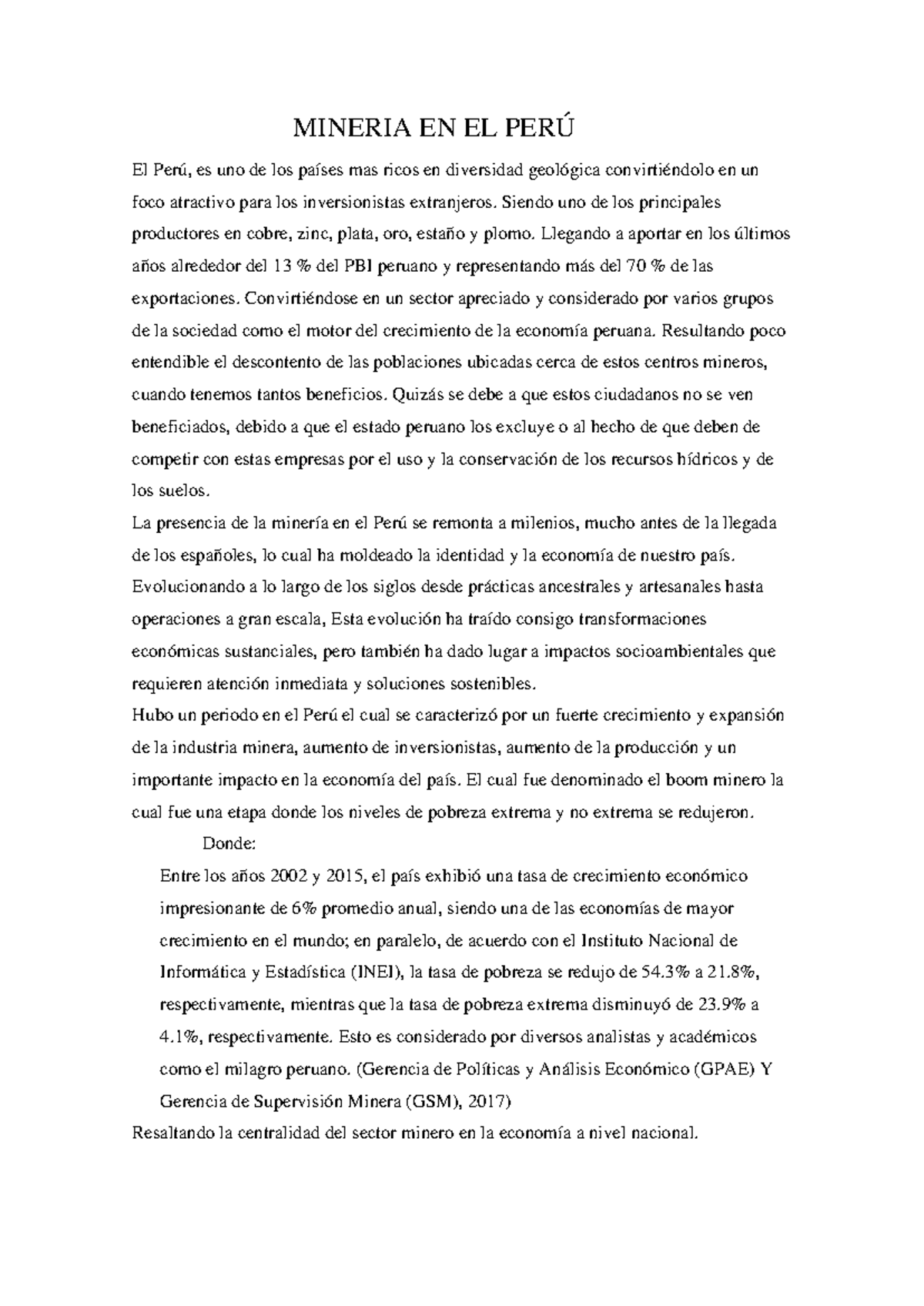 MINERÍA EN EL PERÚ: Impactos, Retos y Sostenibilidad - Studocu