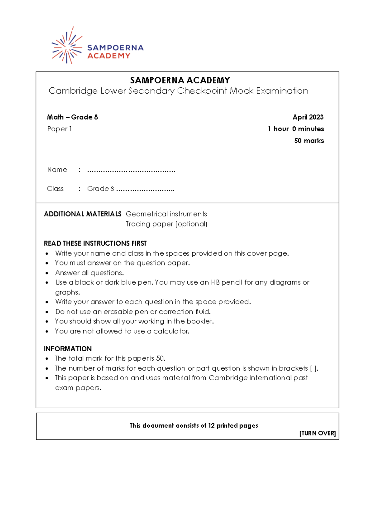 Grade 8 Math Mock Exam Paper 1 - Cambridge Lower Secondary - Studocu
