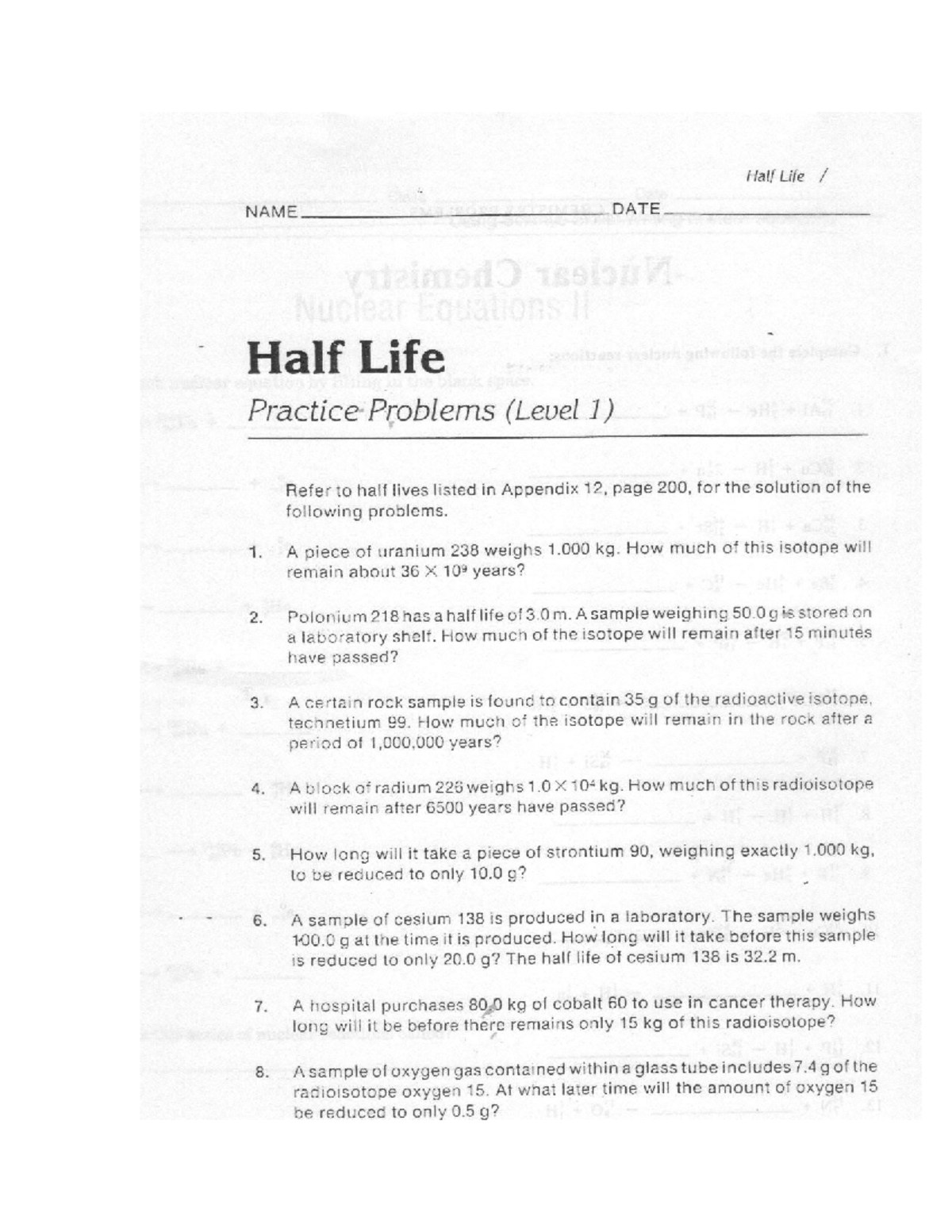 #4 b Half life level 1 page 75 B - Half Life NAME DATE Half Life ...