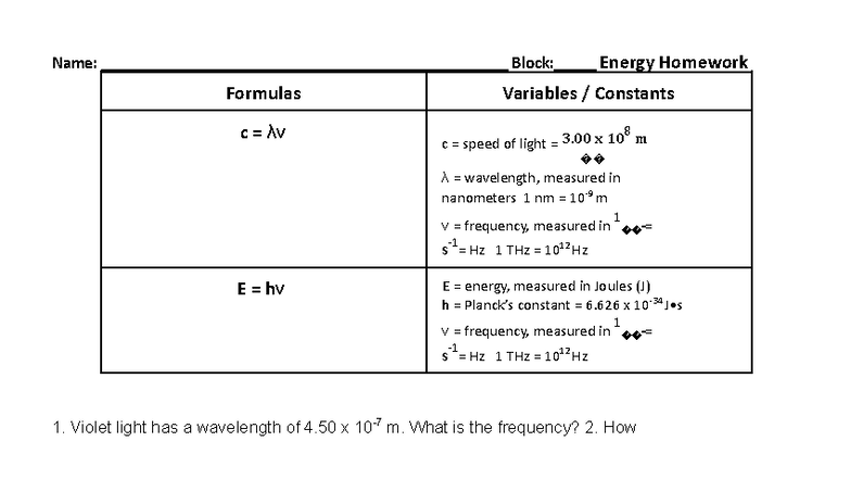 Energy Homework Formulas: λ, ν, E, and EM Spectrum Analysis - Studocu