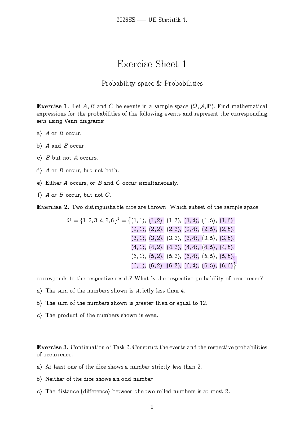 2026SS UE Statistik 1. Exercise Sheet 1: Probability Concepts and ...