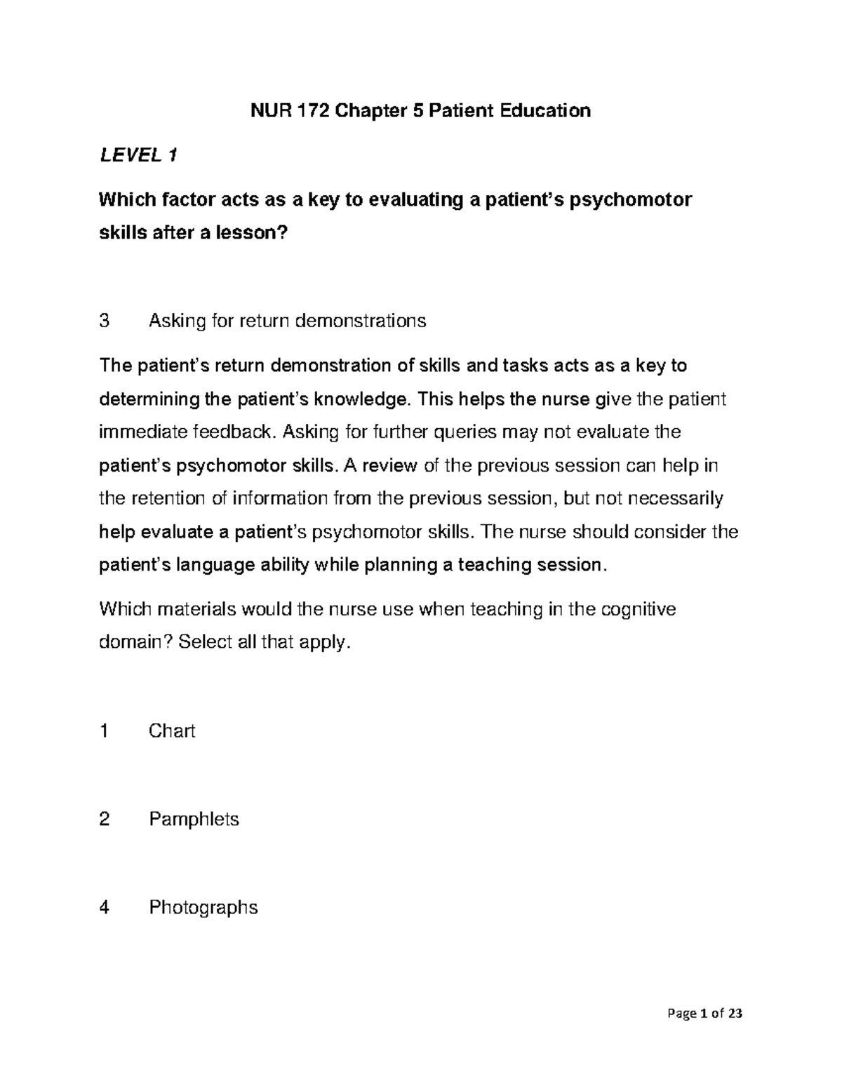 NUR 172 Chapter 5 Patient Education: Evaluating Learning Domains - Studocu