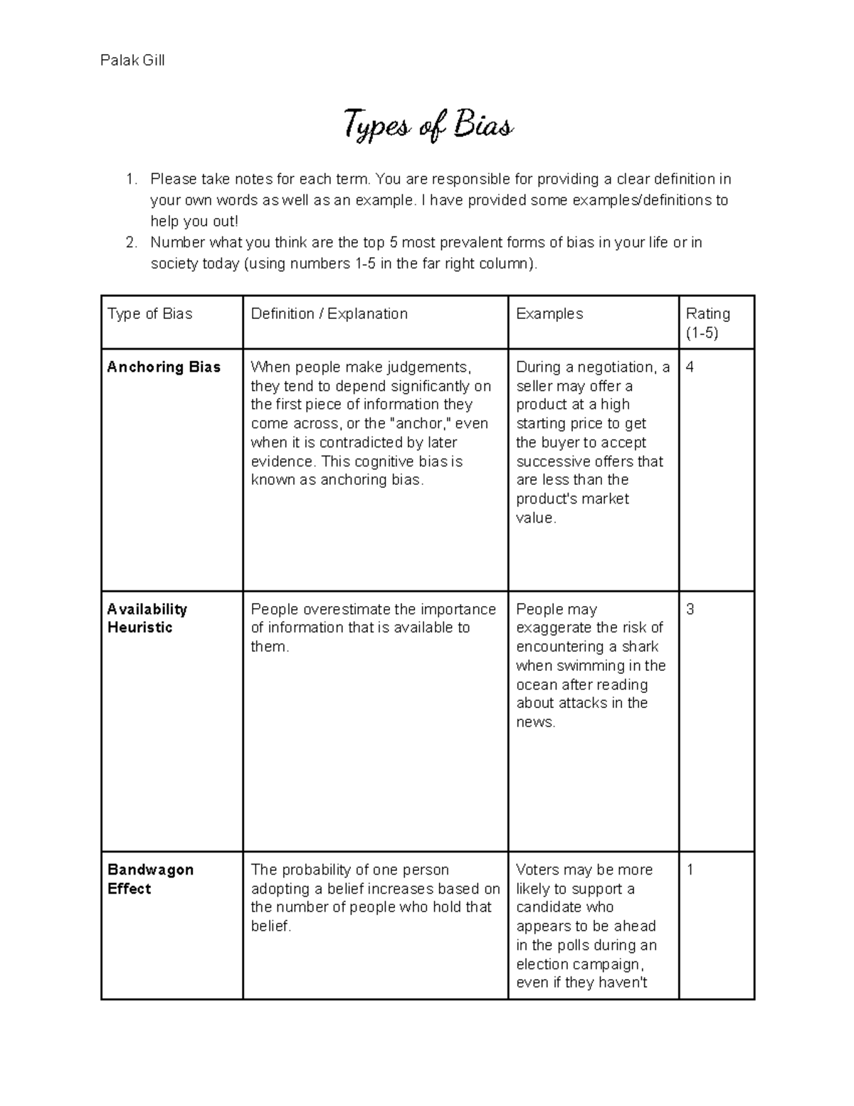 Types of Bias: Definitions, Examples, and Personal Ratings - Studocu