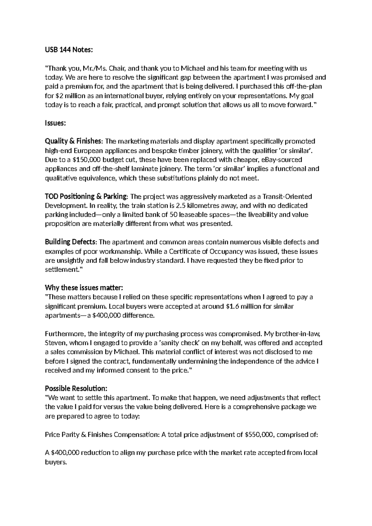 USB 144: Apartment Purchase Dispute Resolution Notes - Studocu