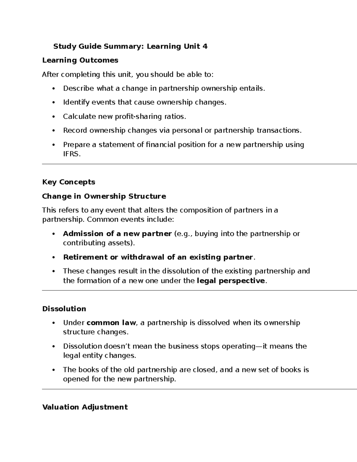 Study Unit 4 Summary: Changes in Partnership Ownership and Ratios - Studocu
