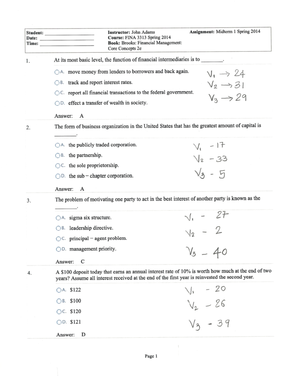 Midterm 1 Answer Key for FINA 3313 - Spring 2014 - Studocu