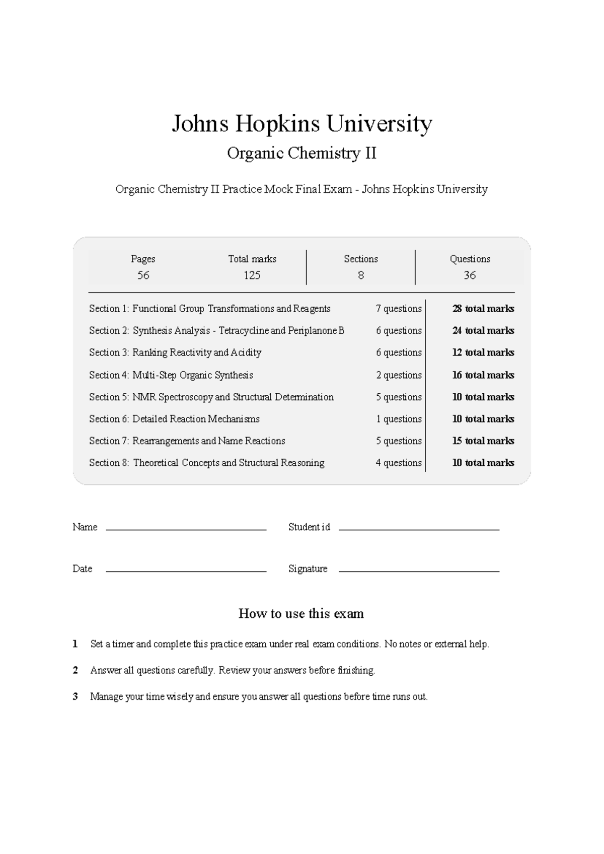 AS.030.206 Organic Chemistry II Mock Final Exam Practice 2026 - Studocu