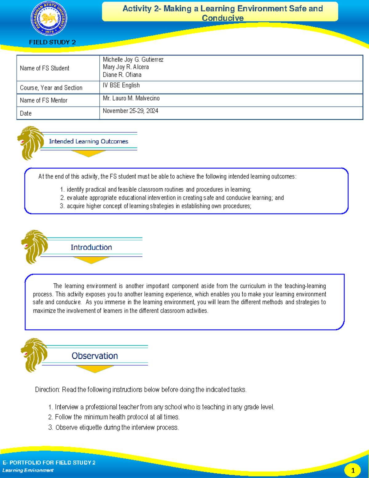 Group 9 BSE English Telbang NHS Act 2 - Conducive FIELD STUDY 2 ...