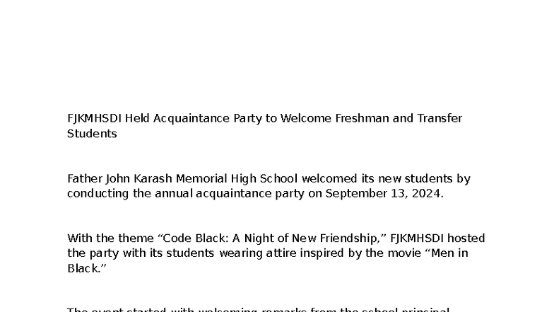 FJKMHSDI Acquaintance Party for Freshmen & Transfers 2024 - Studocu