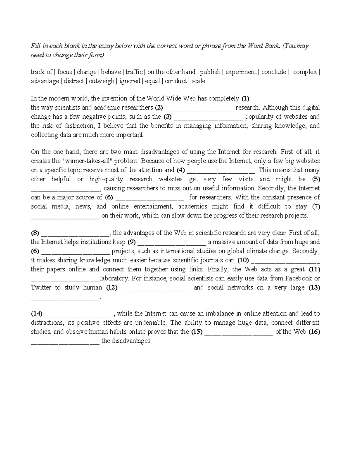 Essay Fill-in-the-Blank Exercise: Word Bank Completion - Studocu