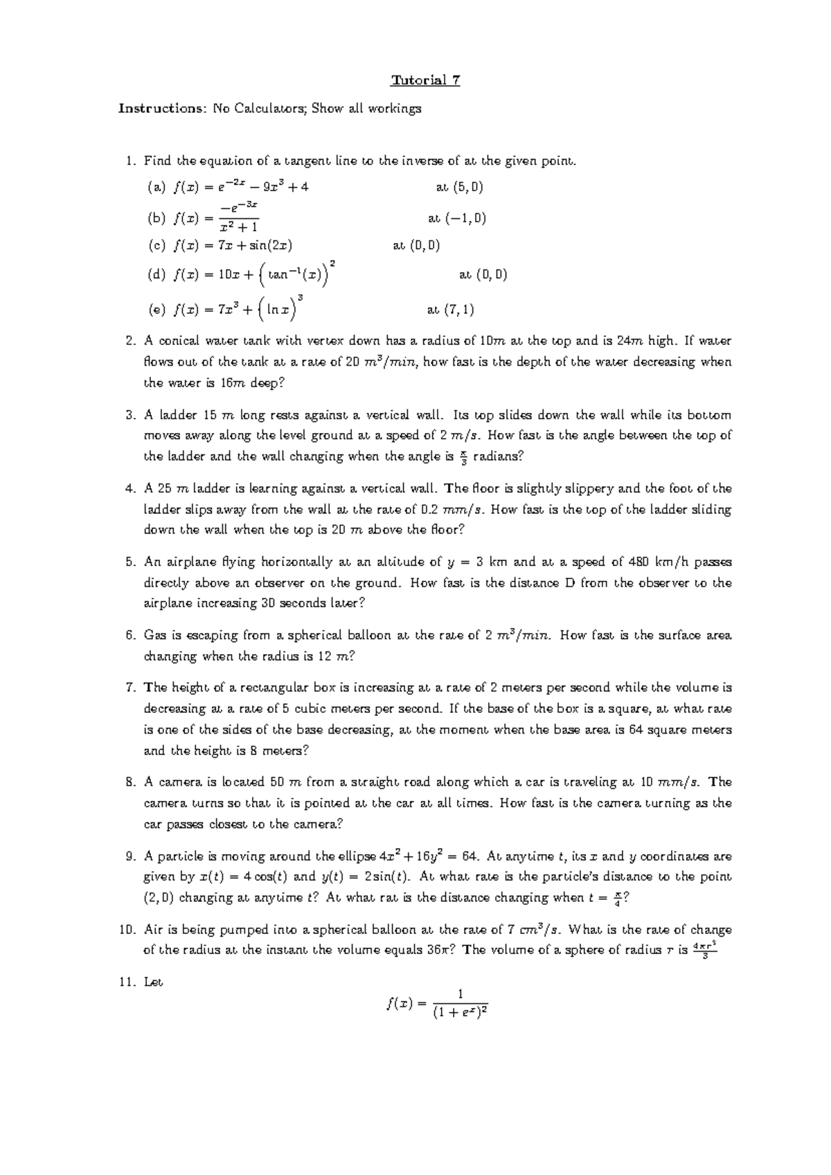 Tutorial 7 instructions: Tangent lines and related rates problems - Studocu