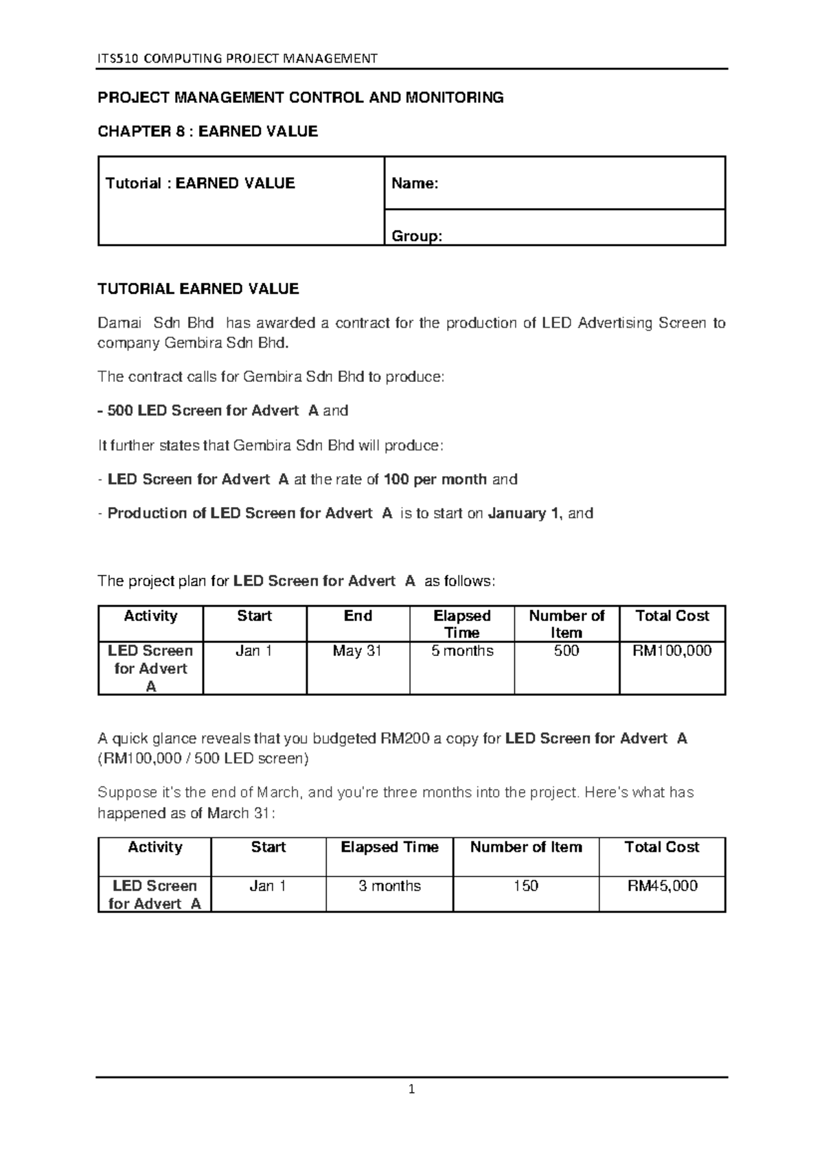 Tutorial - Earned Value Question (ISP640) - PROJECT MANAGEMENT CONTROL ...