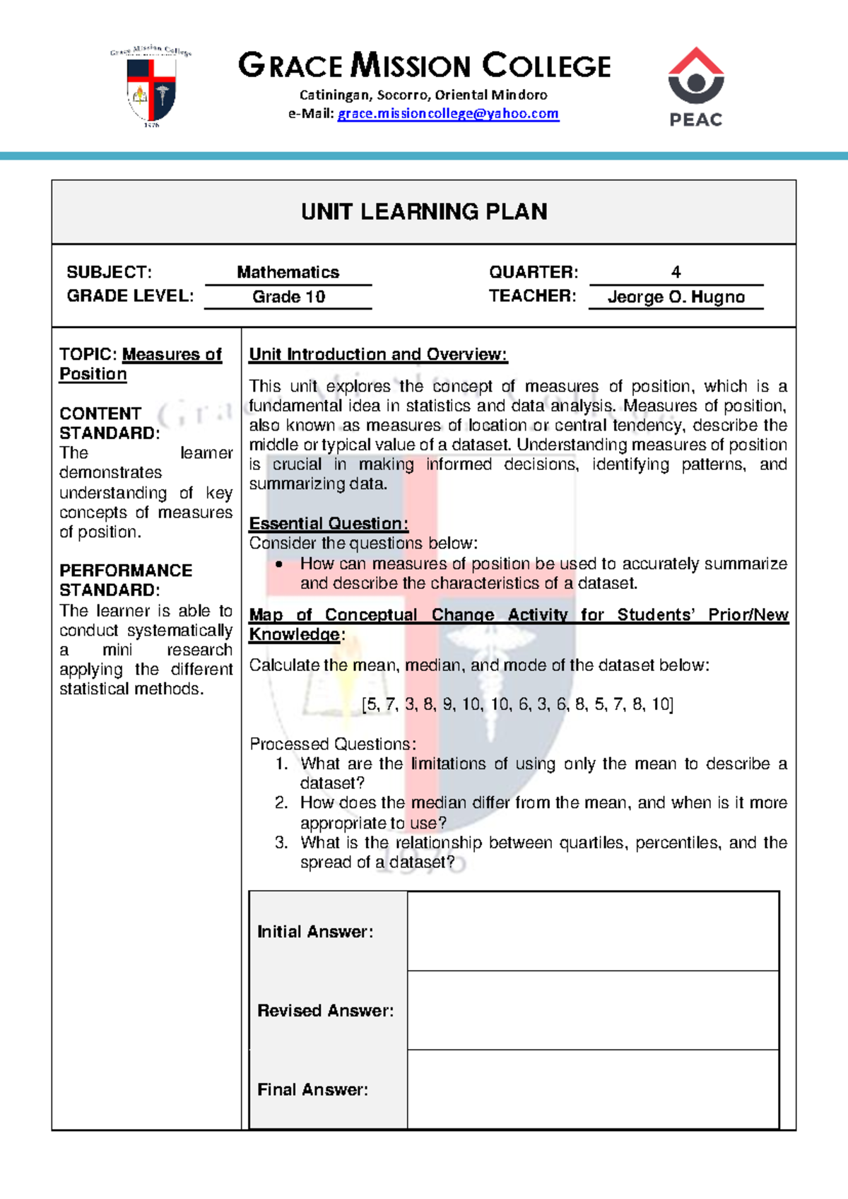 MATH 10 Q4 - UNIT Learning PLAN ( Measures OF Position) - GRACE MISSION ...