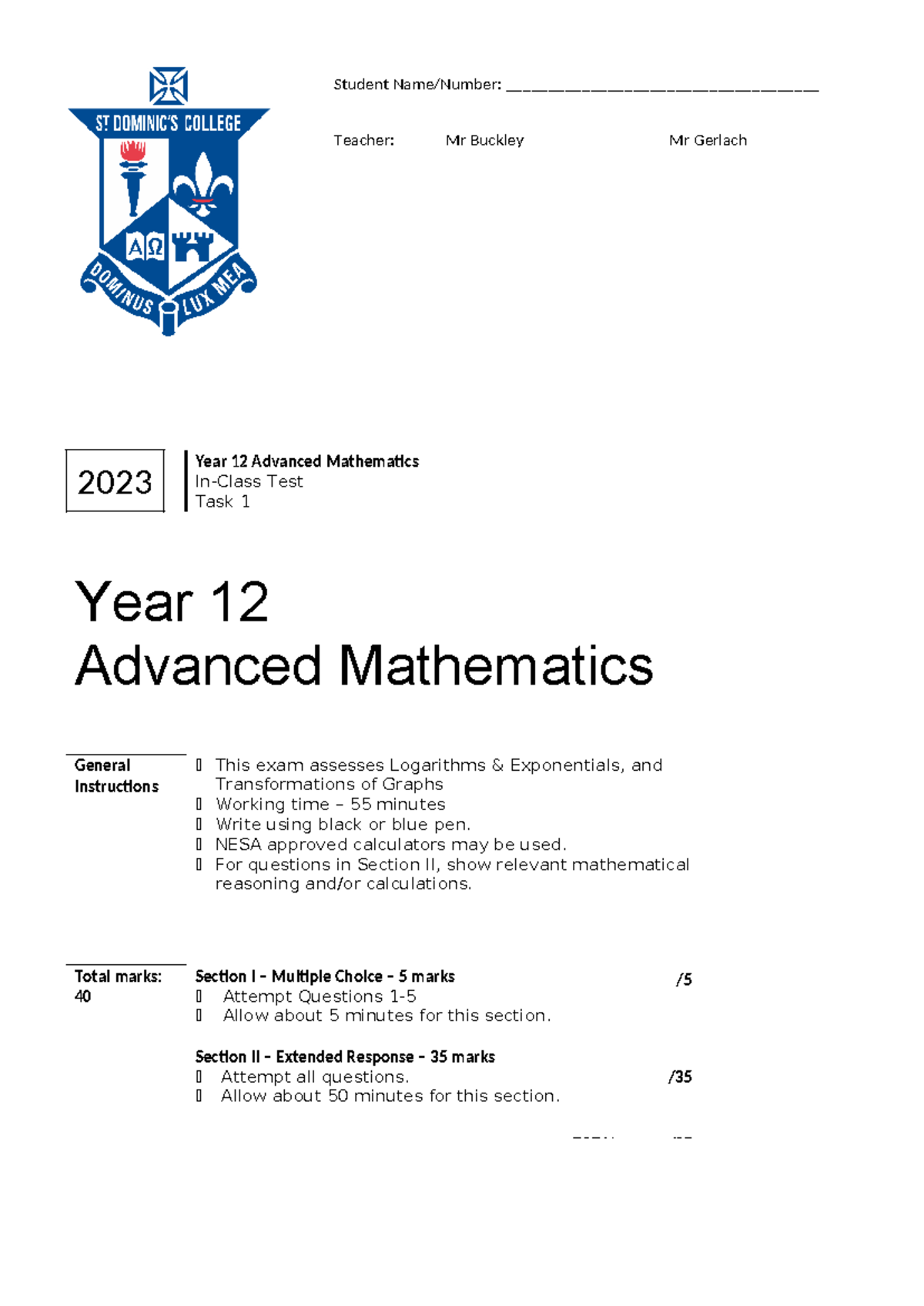 Year 12 Adv Math Task 1: Logarithms, Exponentials & Graphs Exam - Studocu