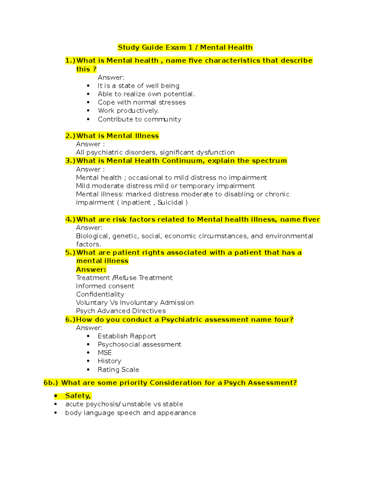 Study Guide Exam 1 Mental Health - Study Guide Exam 1 / Mental Health 1 ...