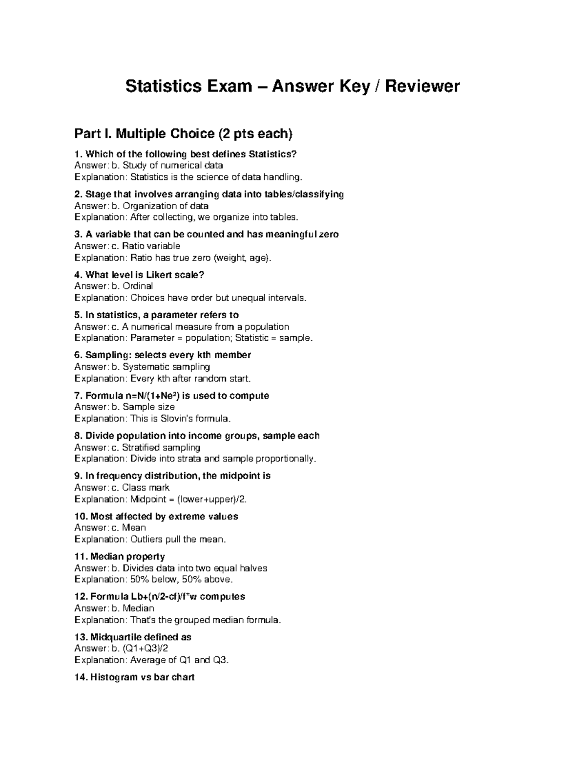 Statistics Exam Answer Key Reviewer Part I: MCQs & Explanations - Studocu