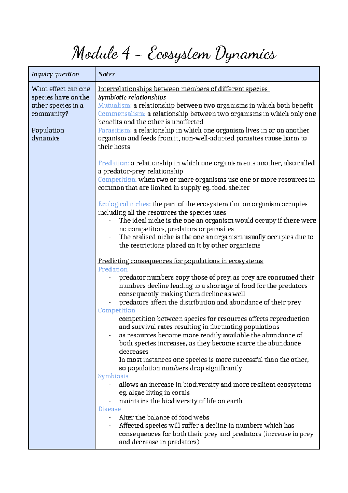 Bio Module 4: Ecosystem Dynamics and Species Interrelationships Notes ...