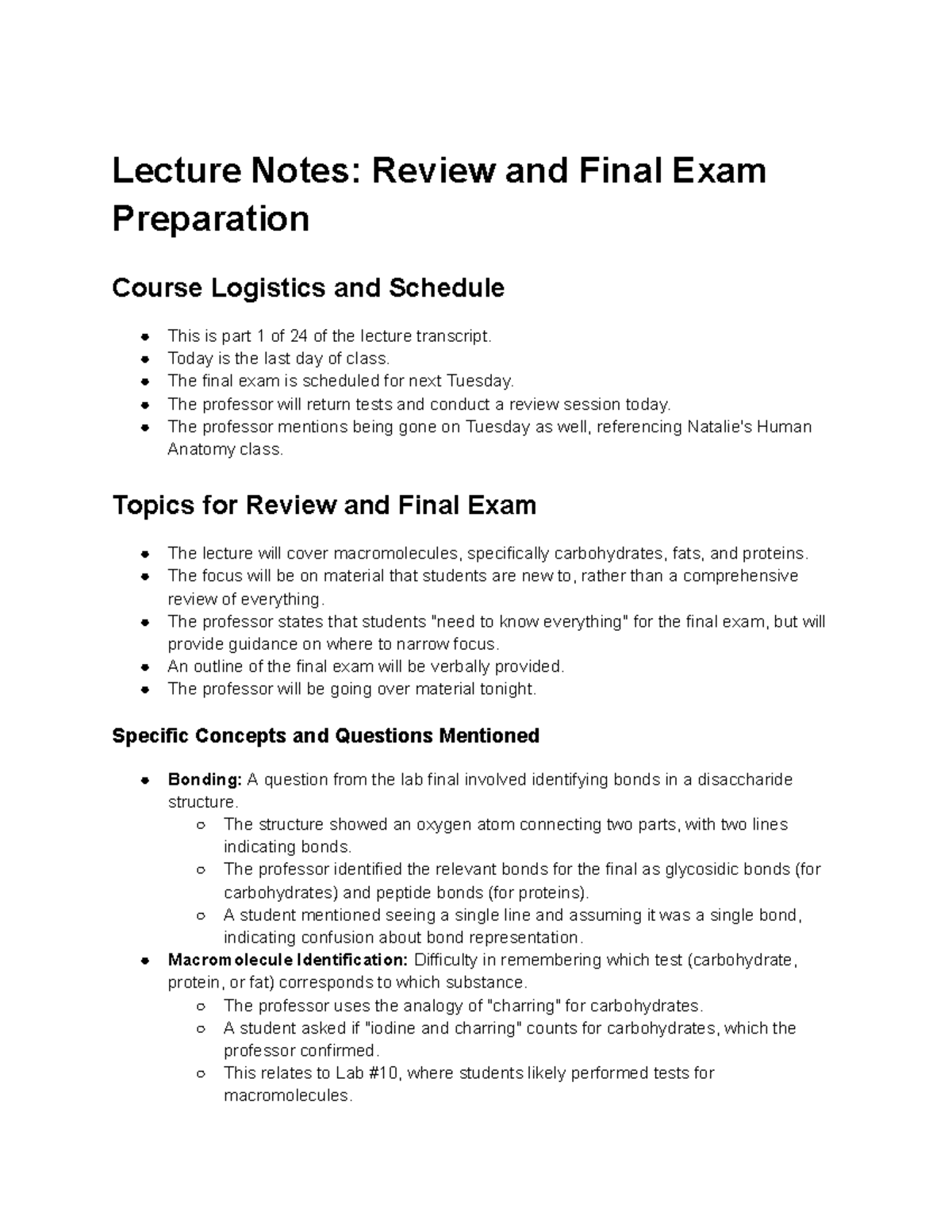 Lecture Notes: Final Exam Prep for Macromolecules (BIO 101) - Studocu