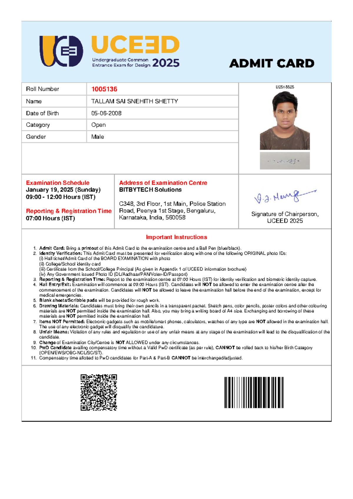 UCEED 2025 Admit Card & Exam Instructions for Snehith T. - Studocu