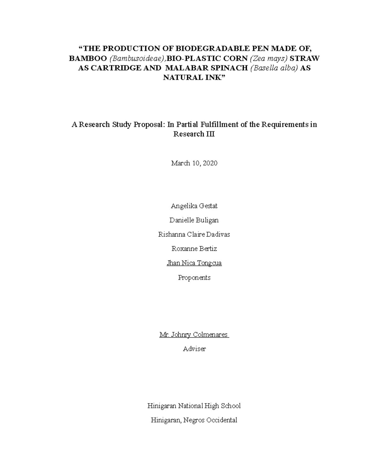 Grade 9 Research III Proposal: Biodegradable Pen & Ink Production - Studocu