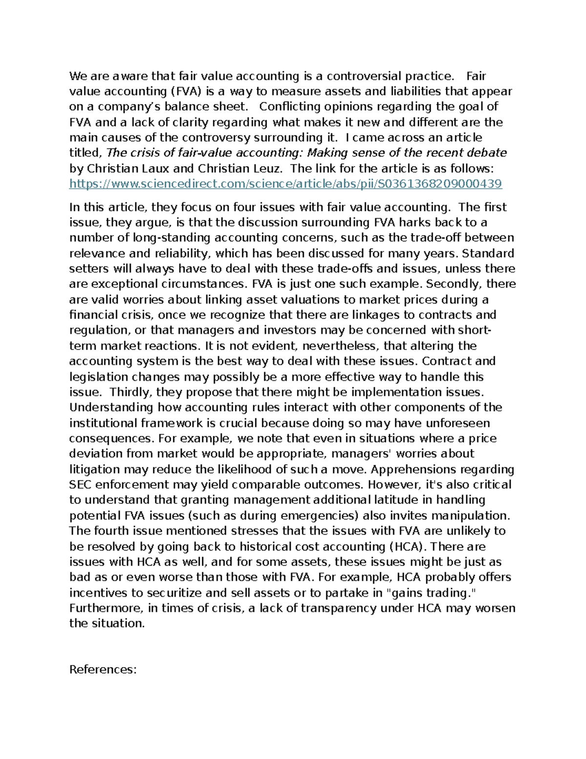 ACC 308 4-1 Discussion - The Controversy of Fair Value Accounting - Studocu