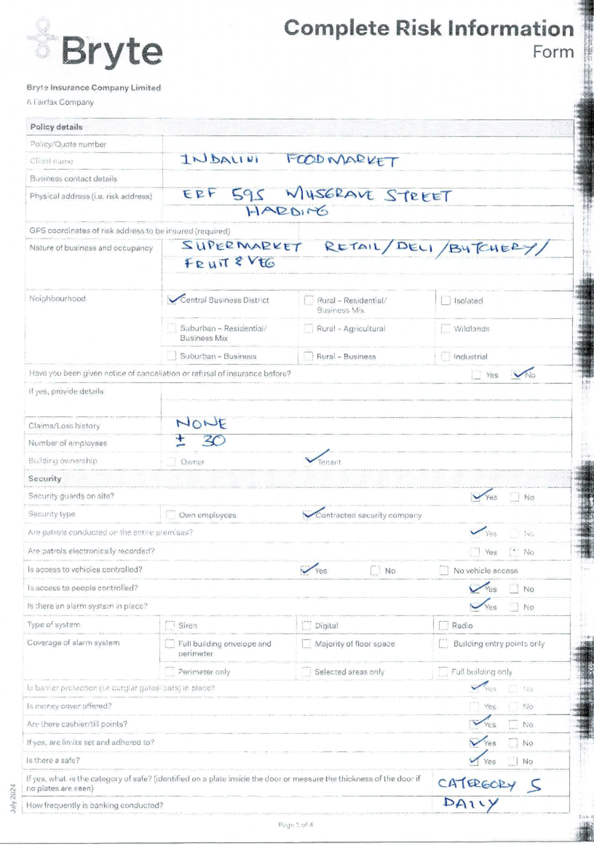 July 2024 Bryte Insurance Company Risk Assessment Form - Studocu