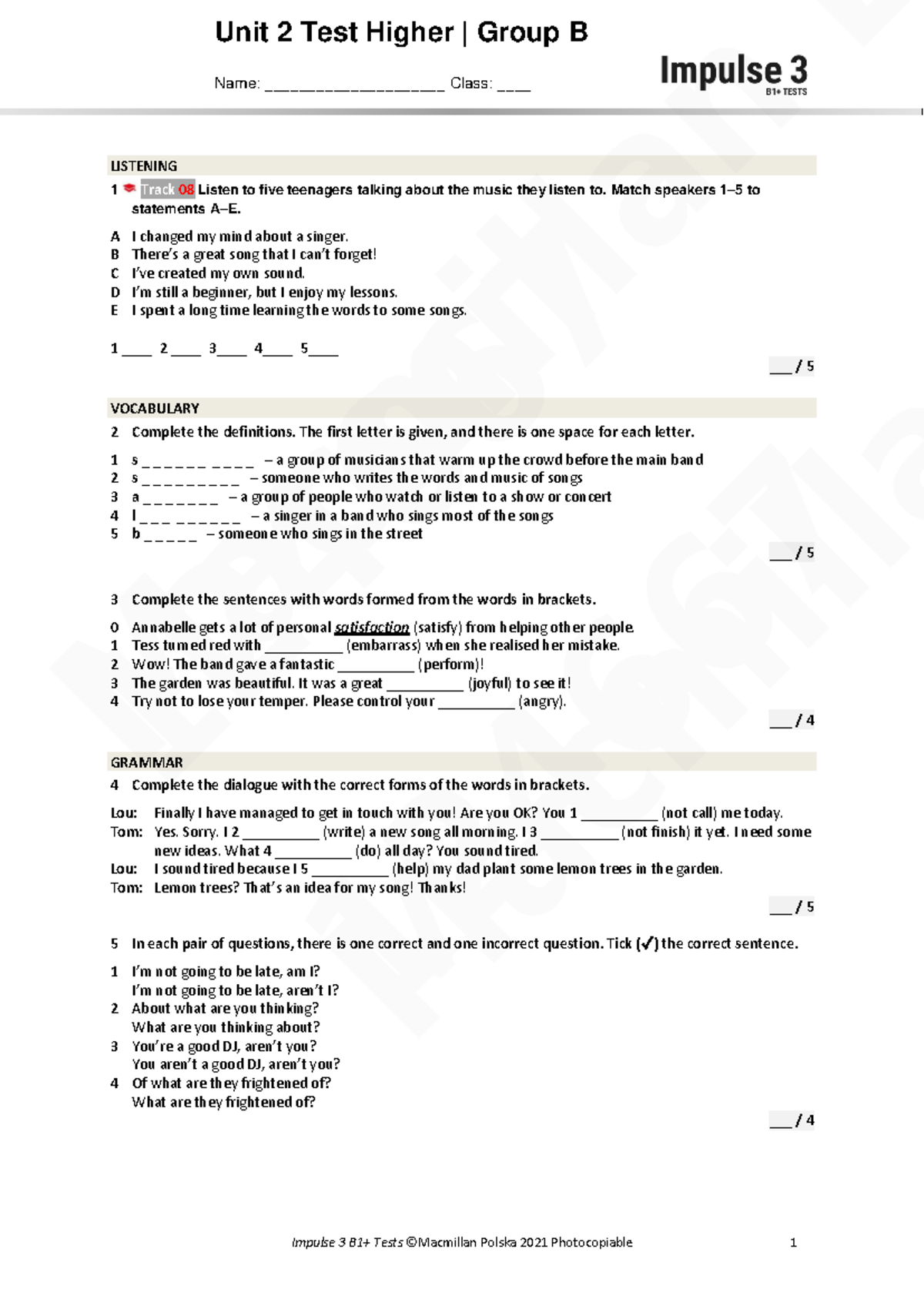 Unit 2 Test Higher Group B - Listening & Vocabulary Activities - Studocu