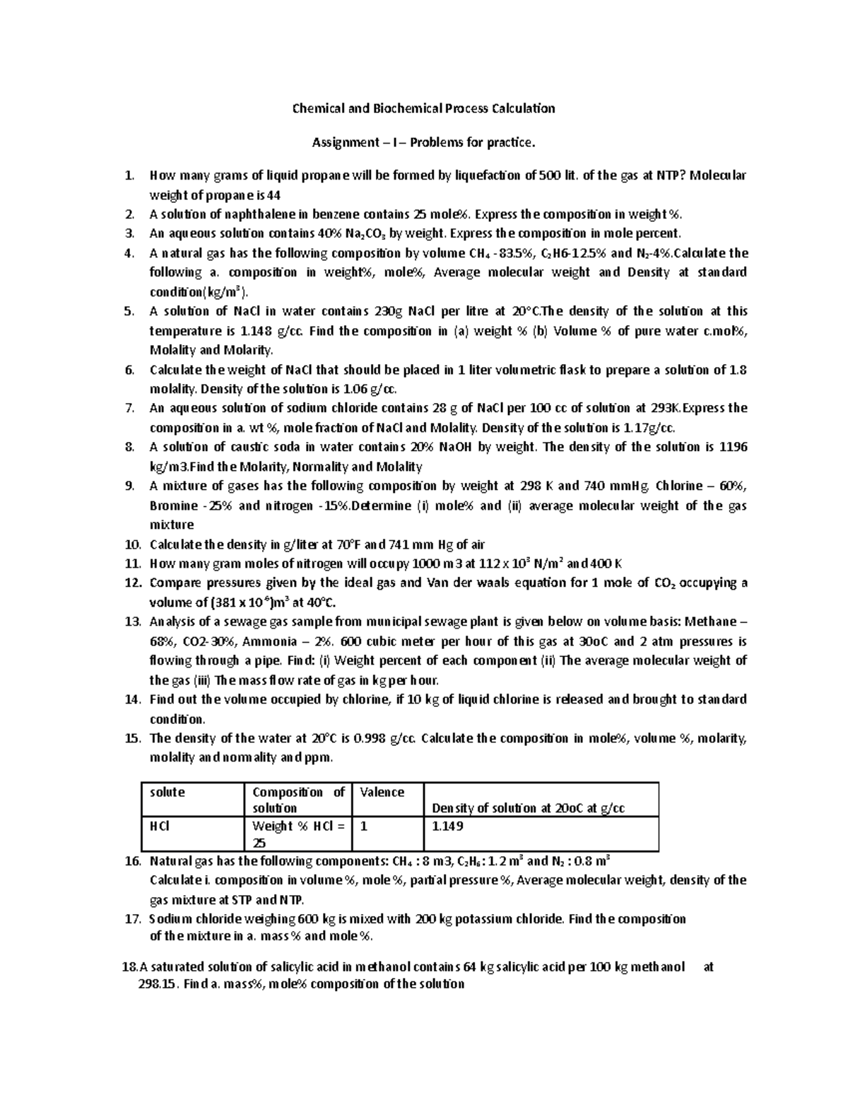 Chemical and Biochemical Process Calculation: Assignment 1 Problems ...
